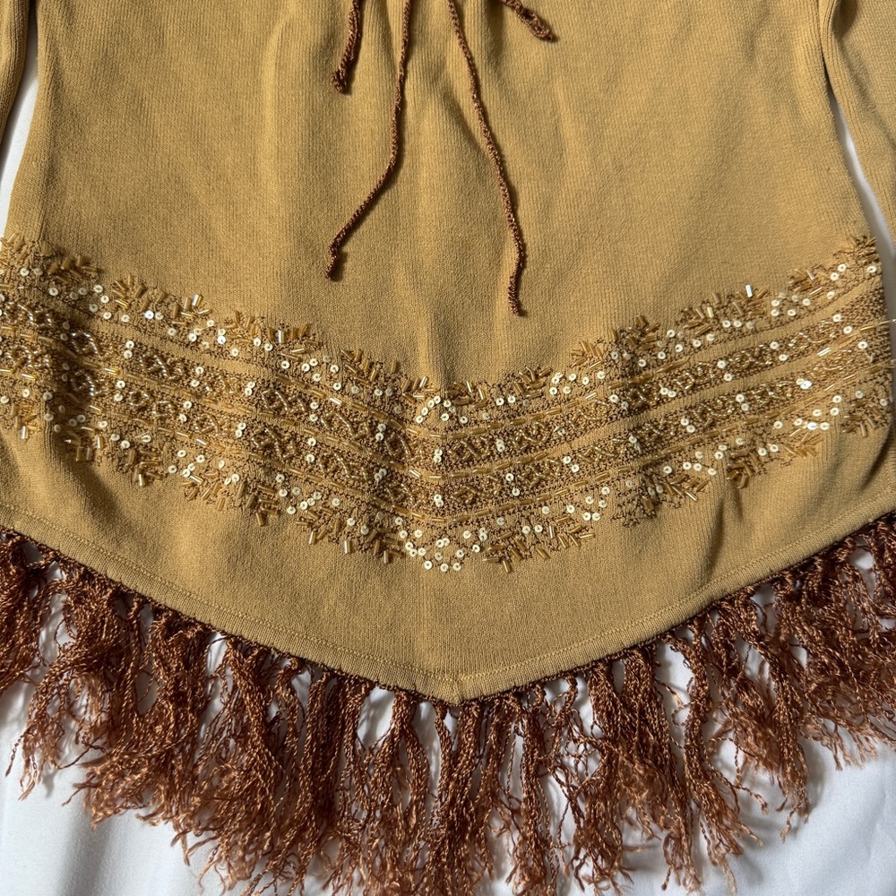 Vintage 90s Y2K Brown Tan Boho Fairy Top with Fringe and Beaded Sequin Details - Picture 5 of 12